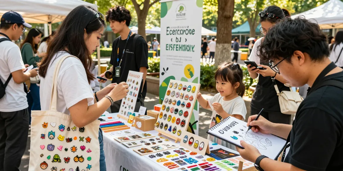 Colorful acrylic pins displayed at an outdoor market, showcasing vibrant designs and community engagement.