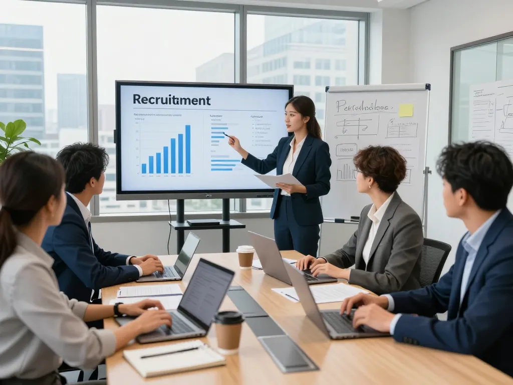 Staffing agencies professionals collaborating in a modern office meeting.
