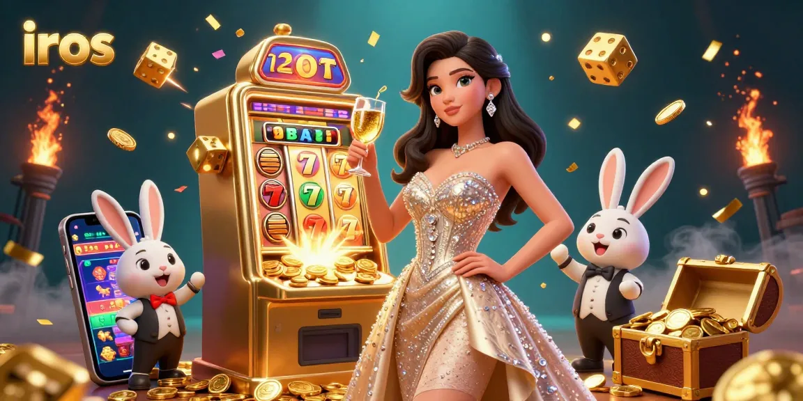 Experience thrilling casino gameplay with iros, featuring a glamorous woman, golden slot machine, and festive elements.