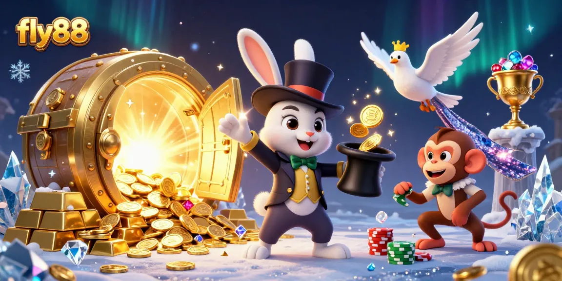 Engage with fly88 through a thrilling casino scene of a magician, dove, and monkey among riches.