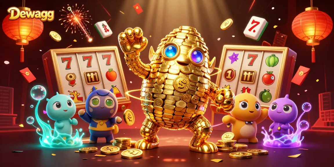 Dewagg offers dynamic gaming excitement with a golden golem and slot machine features in a colorful casino illustration.