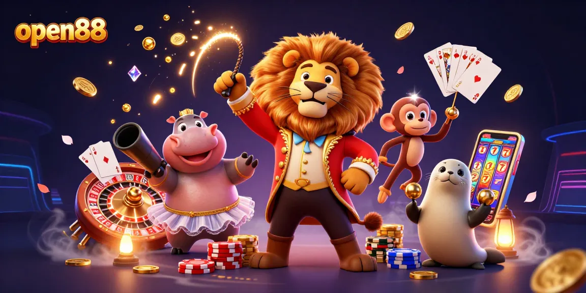 Experience the excitement of open88 with a vibrant 3D casino illustration showcasing captivating characters and dynamic game elements.