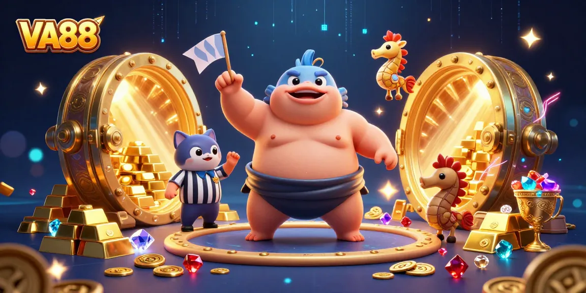 Experience thrilling wins with VA88 in this vibrant underwater casino scene featuring fugu and treasures.