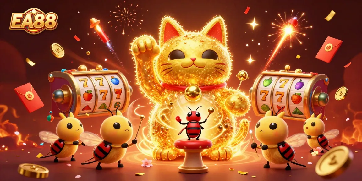 Experience the vibrant casino world of EA88 with a dynamic lucky cat and lively gaming symbols.