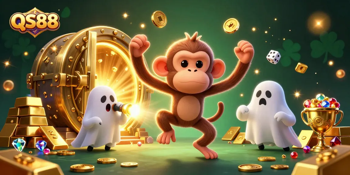 Experience the thrill of QS88 with a mischievous ghost and puppy amidst a bustling casino.