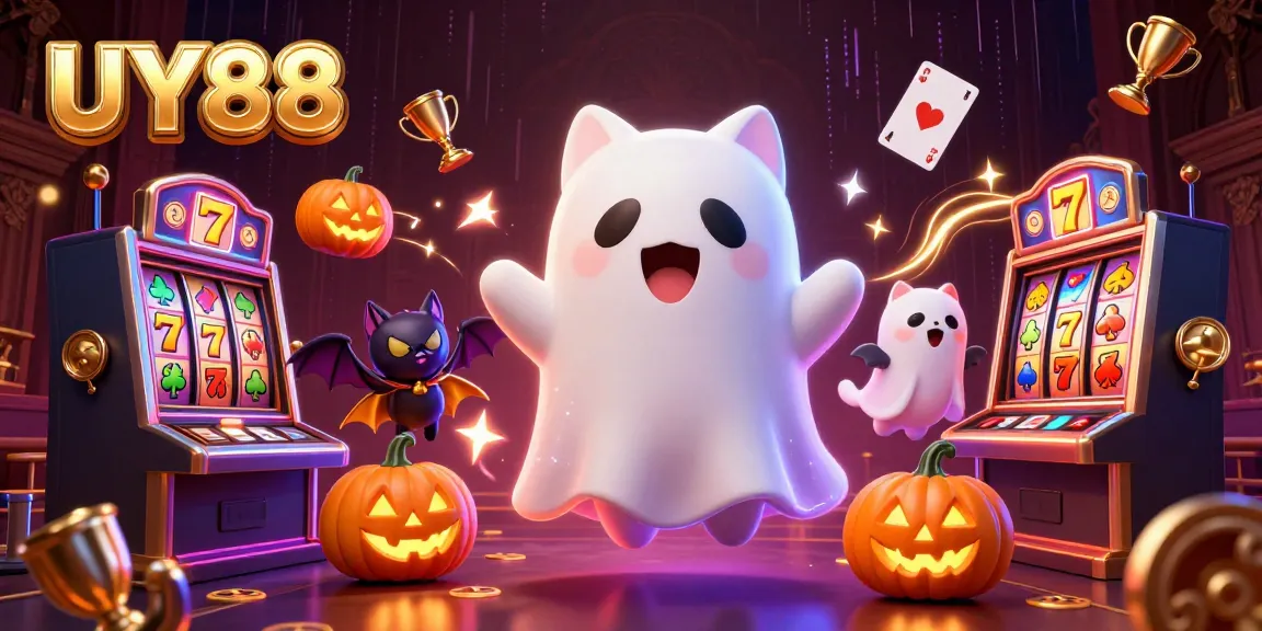 Join UY88's thrilling games with a friendly ghost cat and a vampire bat in this haunted casino scene.