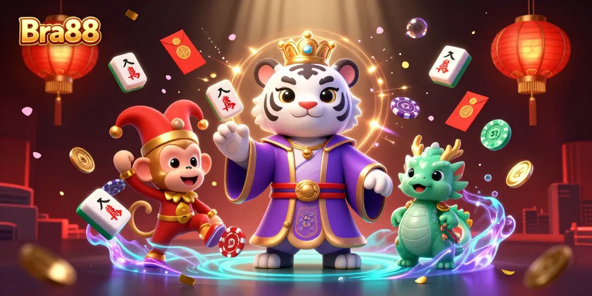 Engage in exciting gambling with Bra88, featuring a vibrant 3D casino scene with a tiger, monkey, and a jade dragon.