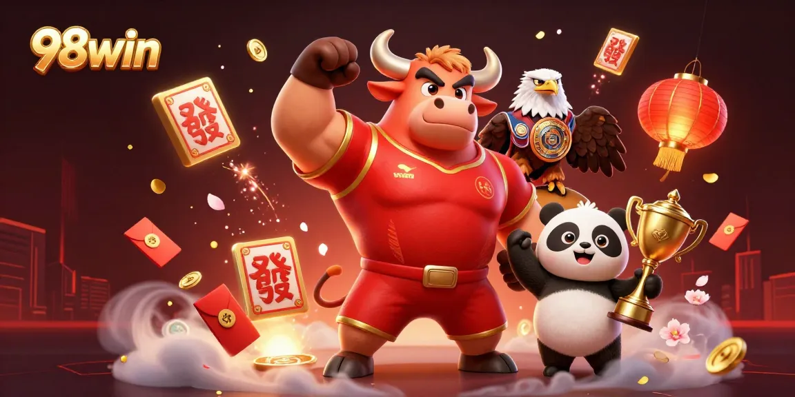Experience thrilling action with 98win as the powerful bull mascot celebrates victory in a dynamic casino scene.