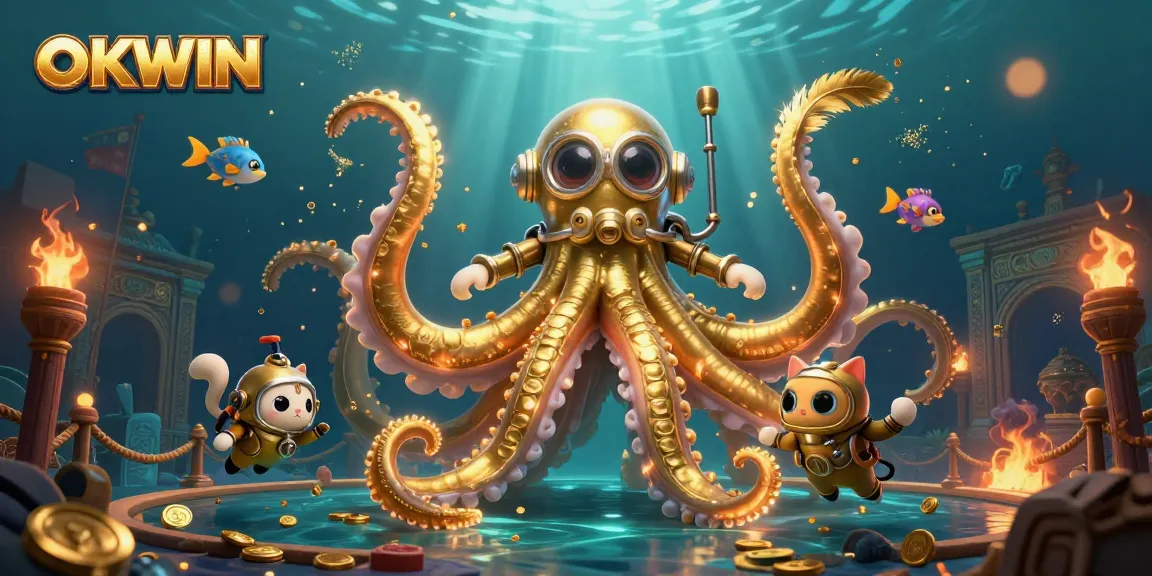 Engage in exciting gaming experiences at OKWIN with a vibrant illustration featuring a kraken and diving cat.