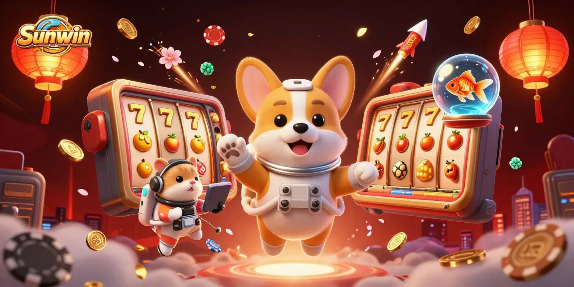 Sunwin engages players with a thrilling space casino scene featuring a corgi and goldfish in zero gravity.