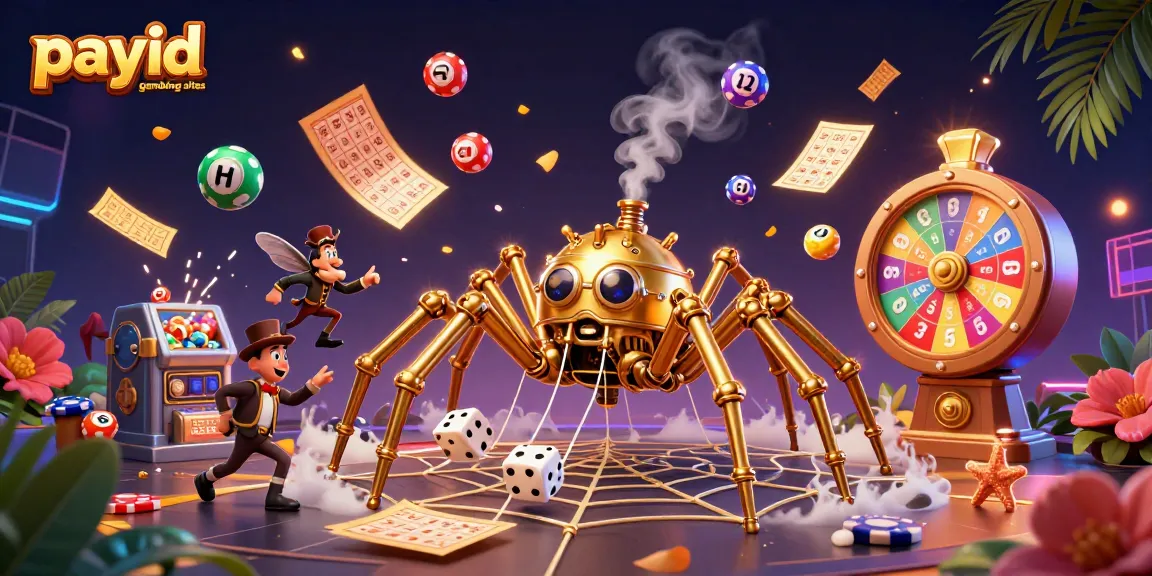 Engage in thrilling gameplay at payid gambling sites with colorful lottery elements and a whimsical steampunk spider.
