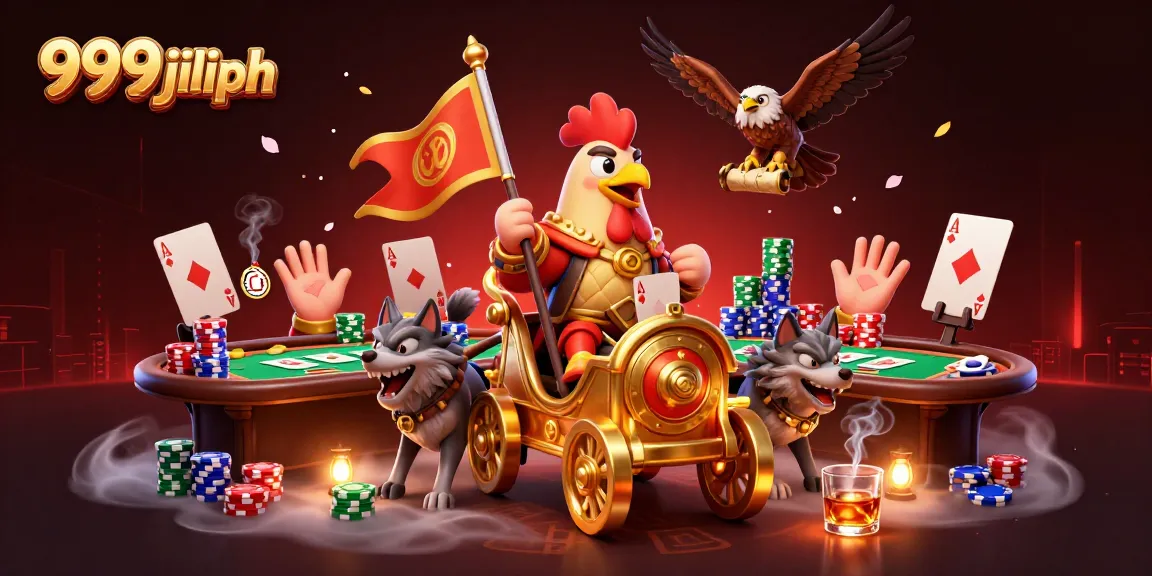 Engaging characters of 999jiliph play cards with booming energy amidst a rich casino background.