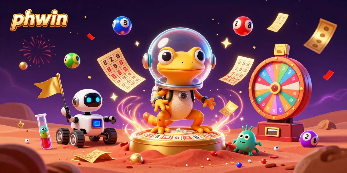 Join the fun at phwin with a Martian gecko discovering a golden casino while lottery balls bounce around.