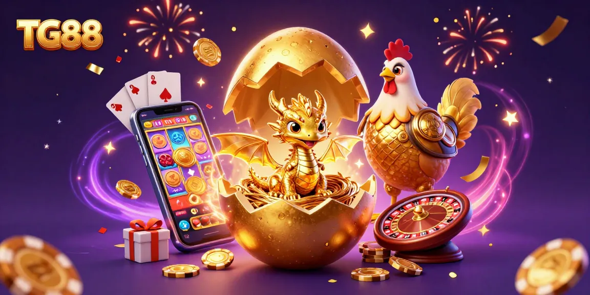 Experience thrilling wins with TG88's golden gaming environment featuring a sparkling dragon, poker chips, and vibrant slot games.