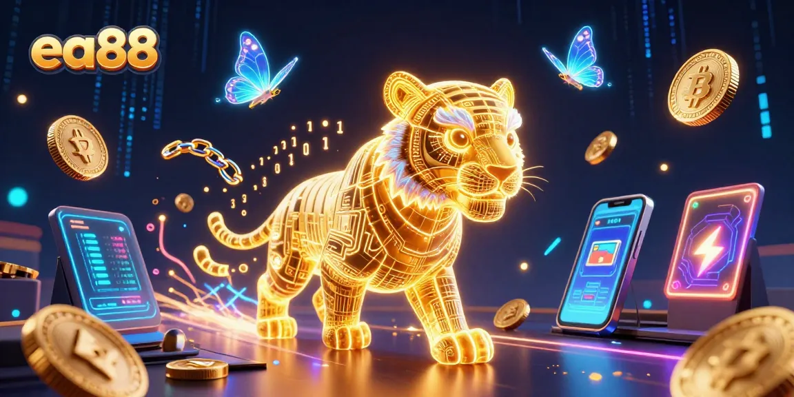 Engage with thrilling gameplay at ea88, featuring a neon-wireframe tiger in a digital casino.