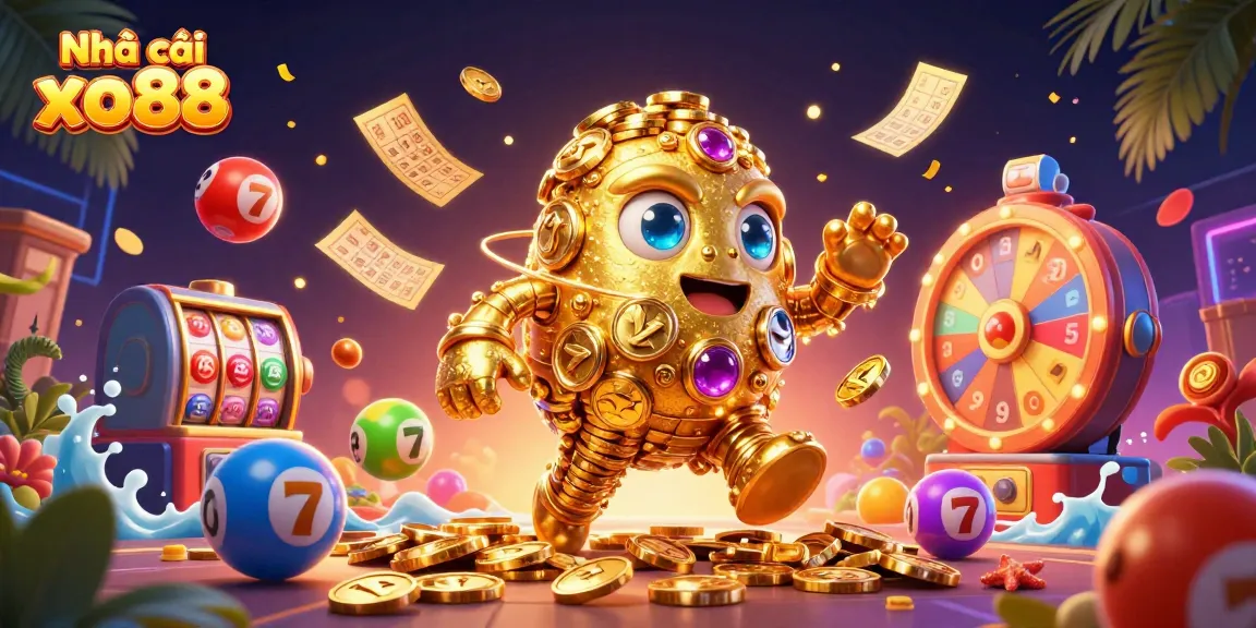 Experience thrilling action at Nhà cái xo88 with a vibrant scene of a golden golem surrounded by exciting gambling elements.