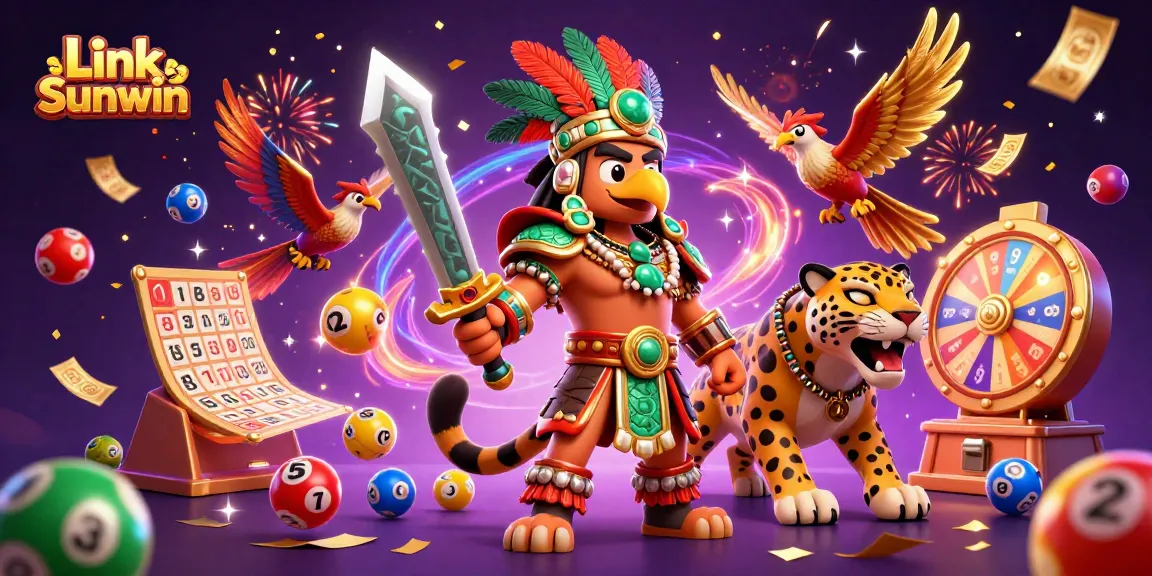 Engage with Link Sunwin's vibrant lottery and bingo elements in this dynamic 3D casino scene.