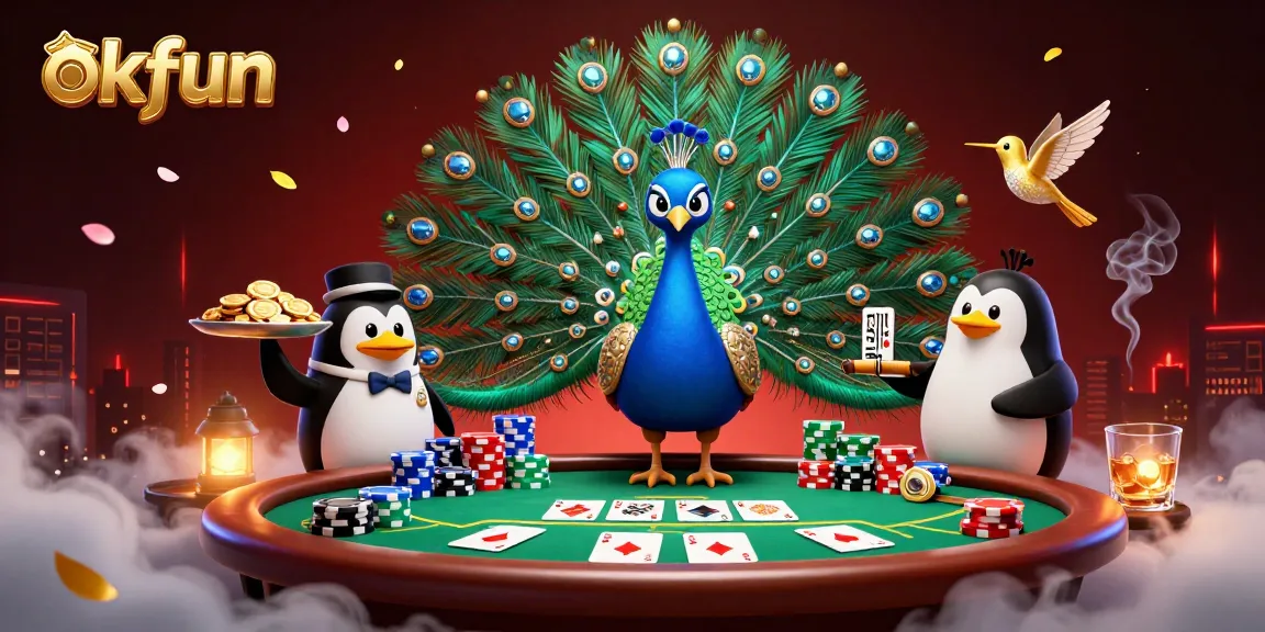 Engaging illustration of okfun casino with an aristocratic peacock, showcasing vibrant games and premium chips.