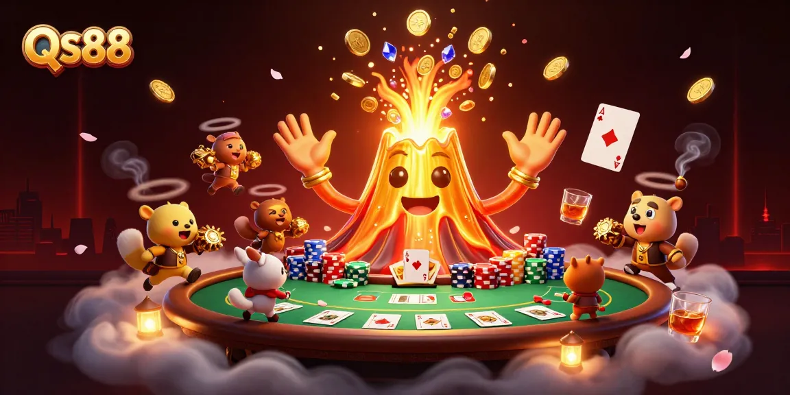 Experience thrilling gameplay at QS88 with a vibrant casino scene featuring golden treasures and poker excitement.