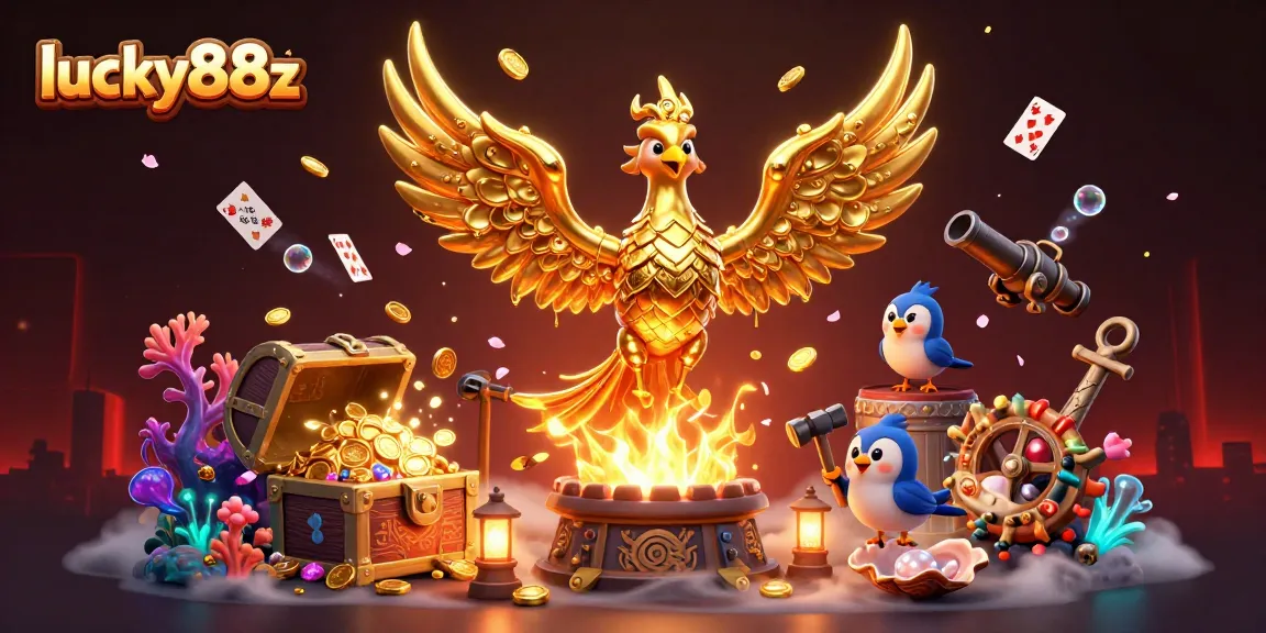 Join the action at lucky88z with an explosion of coins and vibrant gaming elements in this dynamic casino scene.
