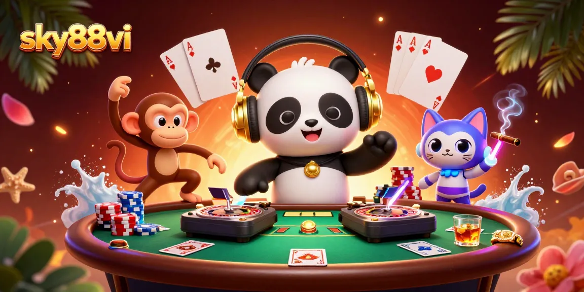 Experience excitement with sky88vi featuring a DJ panda, breakdancing monkey, and glowing kitten in a vibrant casino scene.