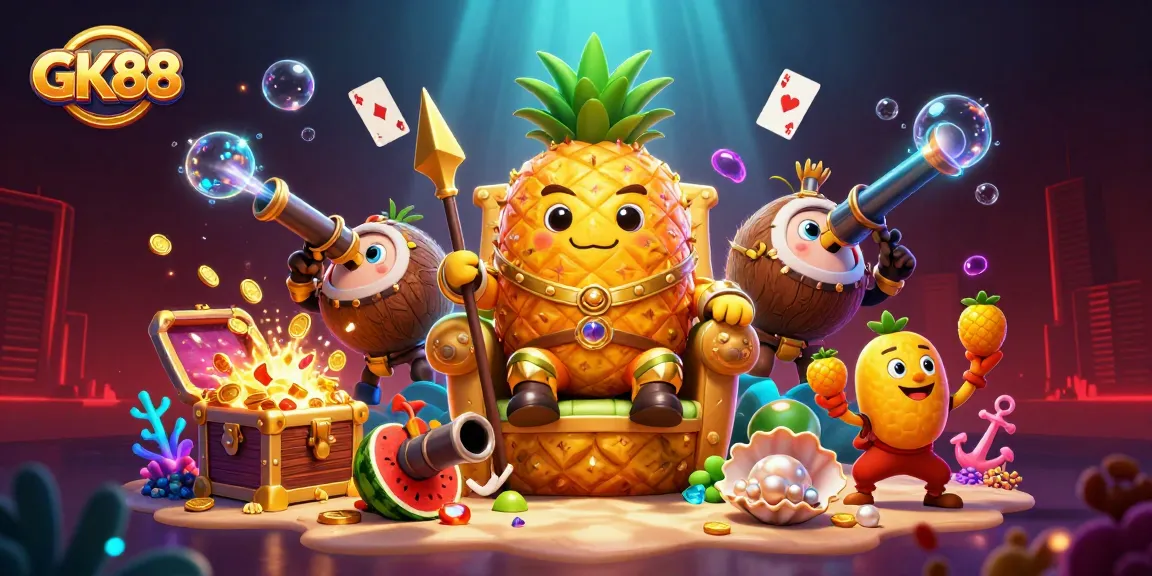 Spin to win with GK88 at an exciting beach casino, featuring a golden pineapple king and vibrant treasures.