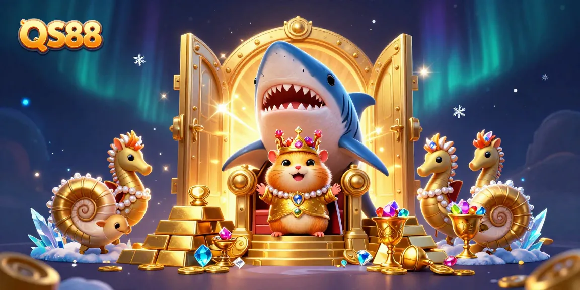 Engage with QS88's vibrant casino kingdom featuring a fierce golden hamster king and treasures galore.
