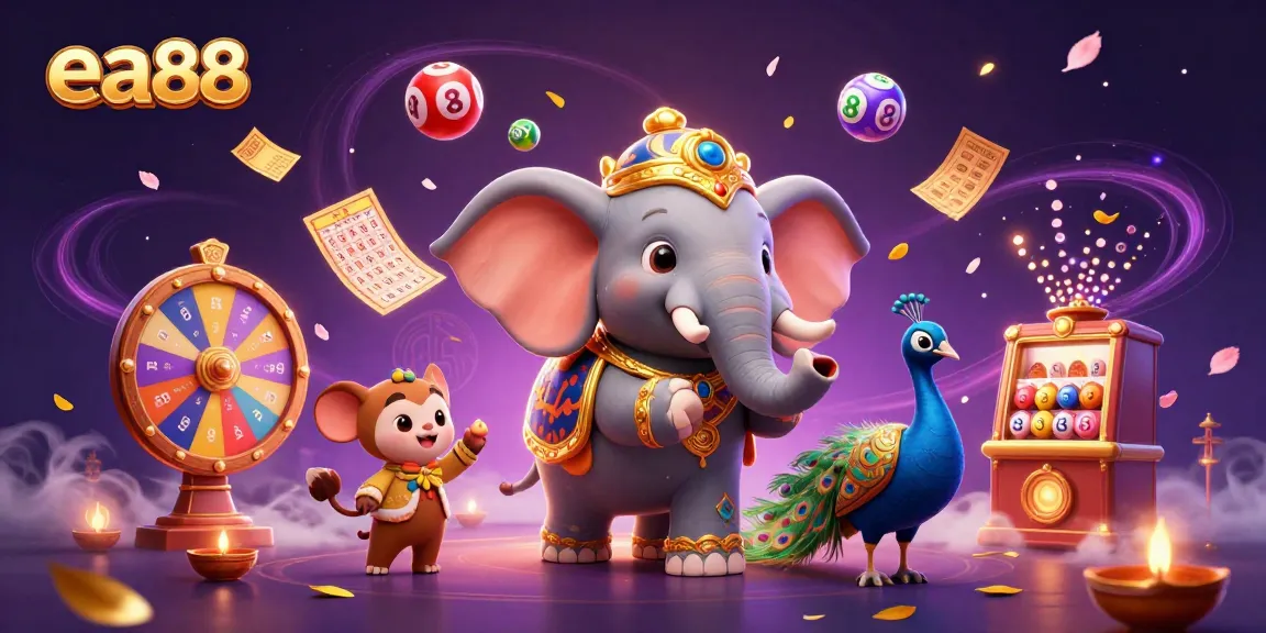ea88 showcases a vibrant lottery celebration scene with elephants and colorful game elements for gamblers.