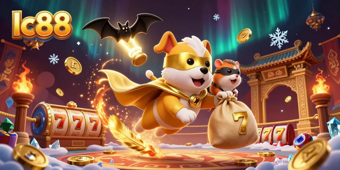 Experience the excitement of lc88 with a cartoon superhero dog, gold coins, and slot machines in action.