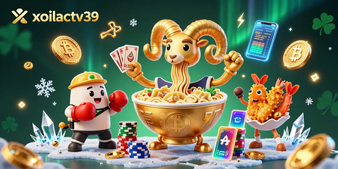 Bet on xoilactv39 with a vibrant illustration of a ramen bowl dealer stacking chips and cards.