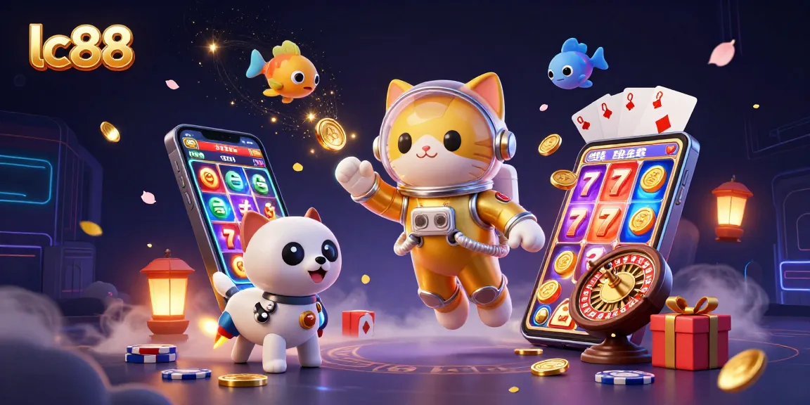 Engage with lc88 slots and jackpots as a cartoon astronaut cat and robot dog explore a vibrant gambling universe.