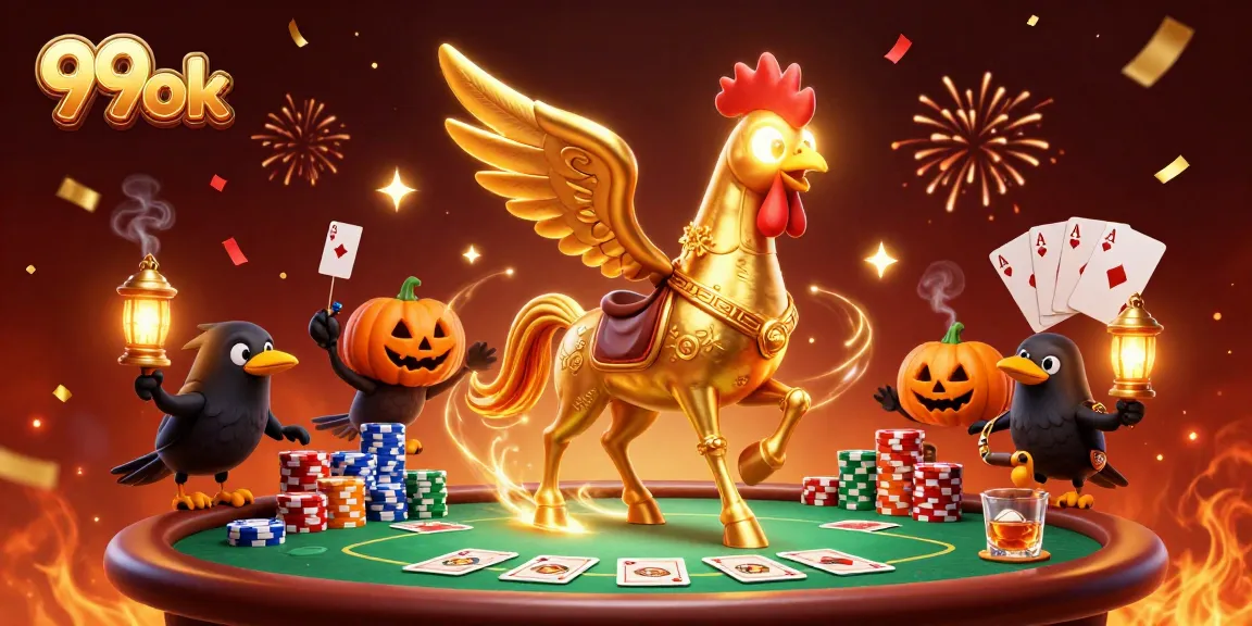Join the action at 99ok with a vibrant casino scene featuring poker elements and festive details.