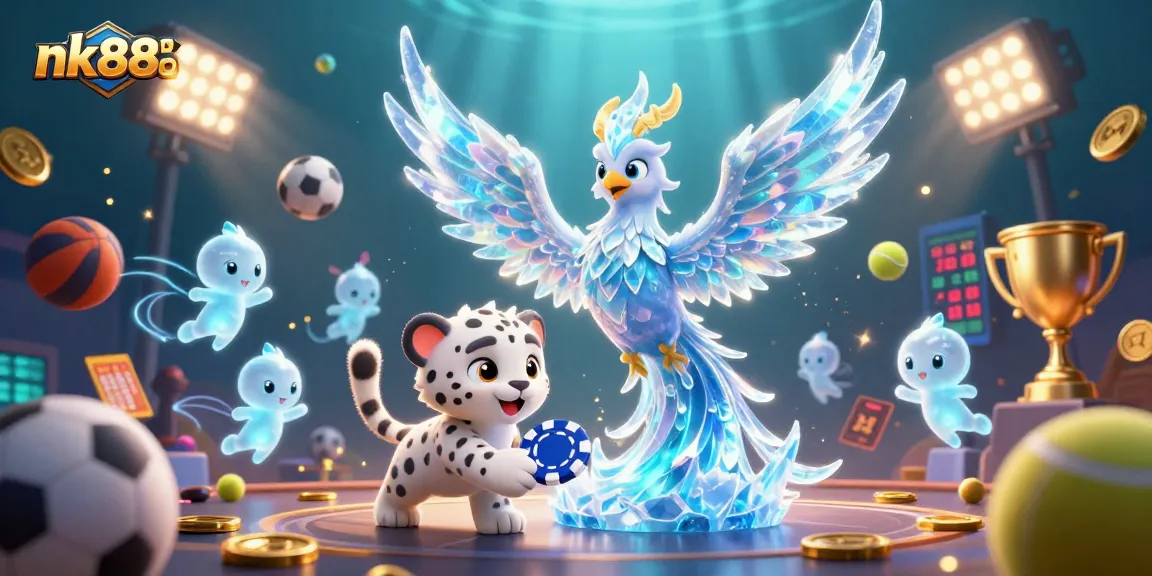 Win big with nk888: A dazzling scene featuring ice phoenix and poker elements in a vibrant casino atmosphere.