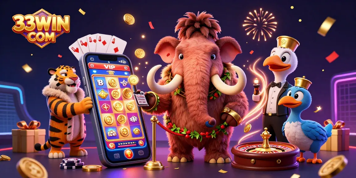 Experience the energy of 33WIN COM with a vibrant casino scene featuring a mammoth bouncer and tiger VIP.