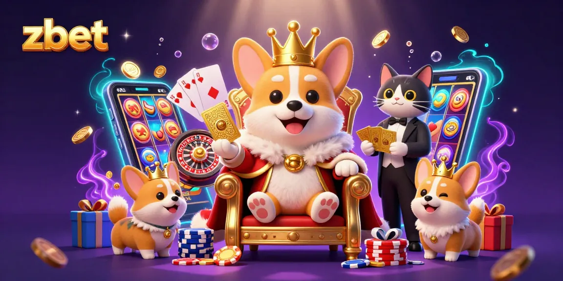 Engage with zbet as royal corgi rules a poker chip throne in a dynamic casino scene.