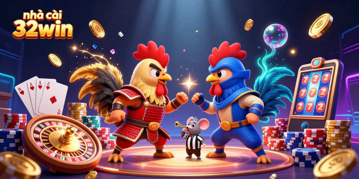 Experience excitement at nhà cái 32win with 3D cartoon roosters and dazzling casino elements in action.