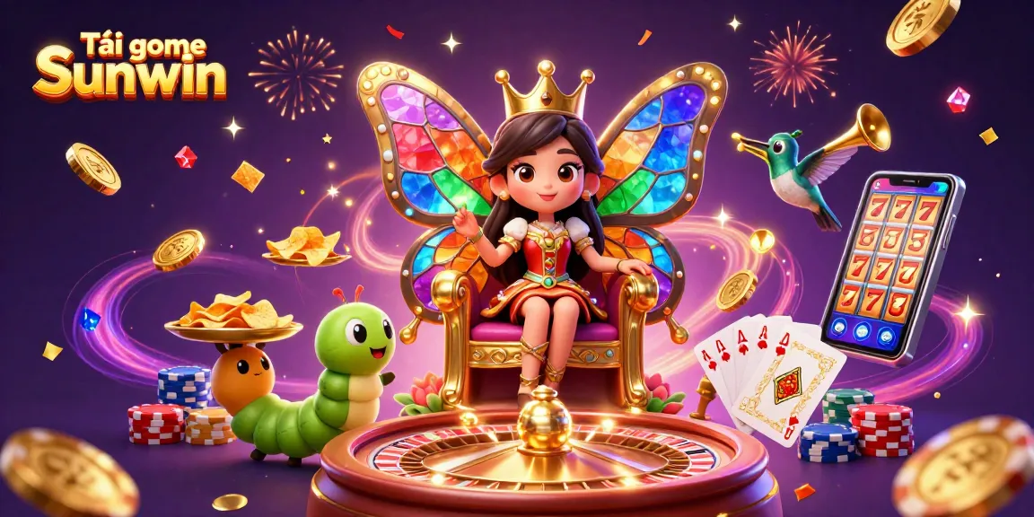 Tải game Sunwin with vibrant illustration of a butterfly queen and magical casino elements