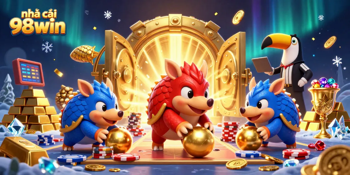 Engaging scene with nhà cái 98win and dynamic pangolins amidst golden treasures and poker chips.