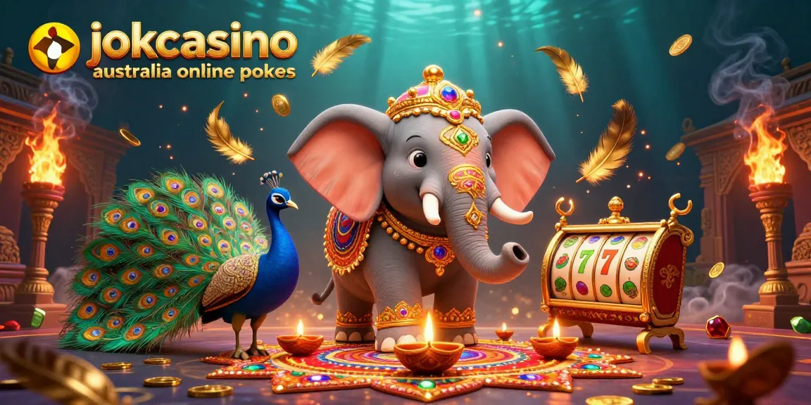 Experience jokacasino australia online pokies with a vibrant scene of an elephant and peacock amongst colorful themes and slot reels.