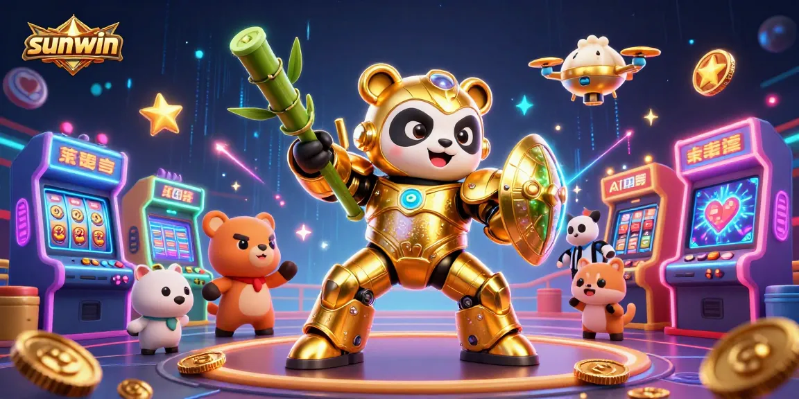 Join the excitement at sunwin with a dynamic casino scene featuring a golden panda and vibrant gaming elements.