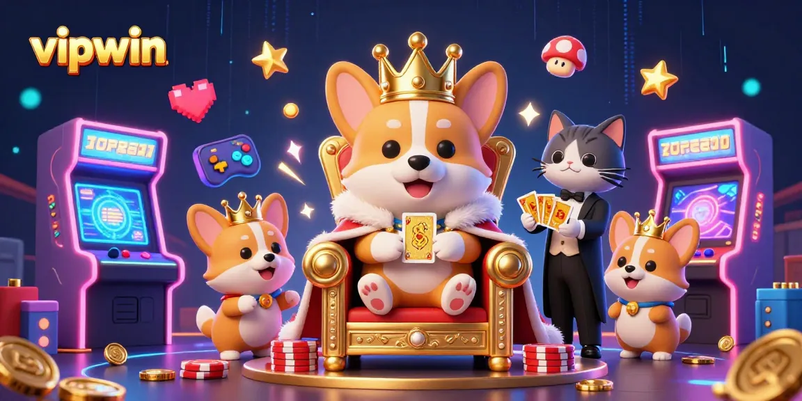 Enhance your betting game with vipwin's royal corgi surrounded by casino-themed elements.