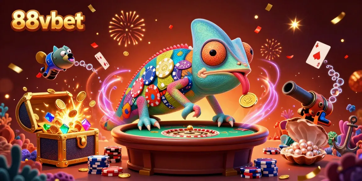 Enjoy the vibrant 88vbet casino scene with a chameleon owner, golden coins, and dynamic casino elements.