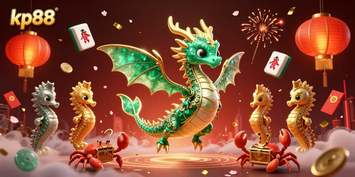 Engage with kp88's vibrant sea dragon illustration surrounded by rich gambling symbols and festive elements.