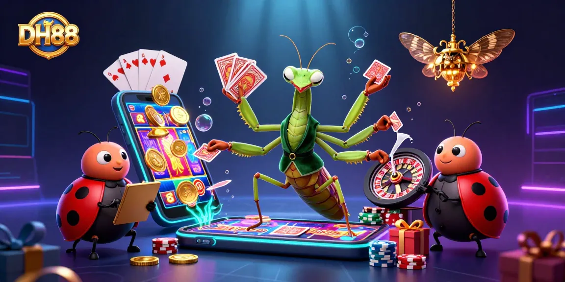 Experience thrilling gameplay at DH88 with vibrant visuals depicting a giant praying mantis and ladybug pit boss in action.