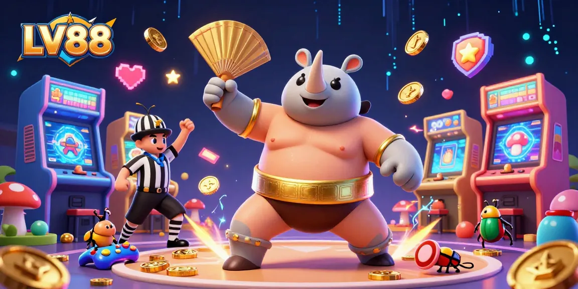 Join the LV88 action as a sumo beetle champion stomps and sends coins flying in a vibrant casino scene.