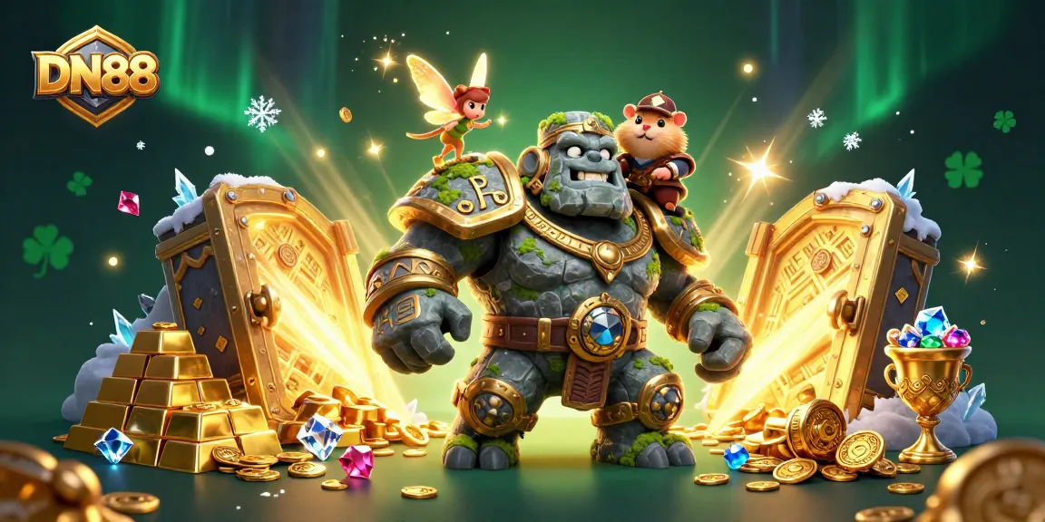 Win big at DN88 with a magical gaming scene featuring a golem guardian and sparkling treasures.
