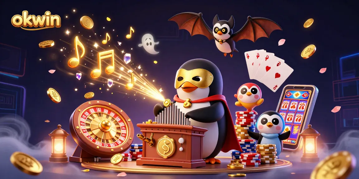 Experience thrill at okwin with cartoon penguin playing organ, cascading coins, and thrilling gaming elements.