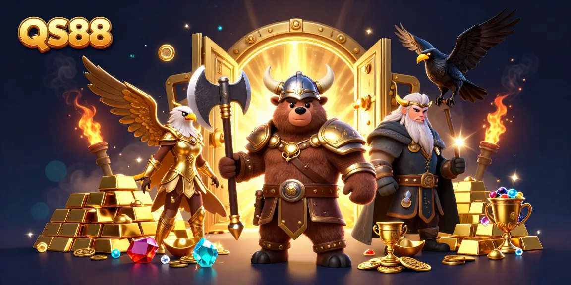 Experience excitement at QS88 with a Viking berserker and Valkyrie eagle in a vibrant casino scene.