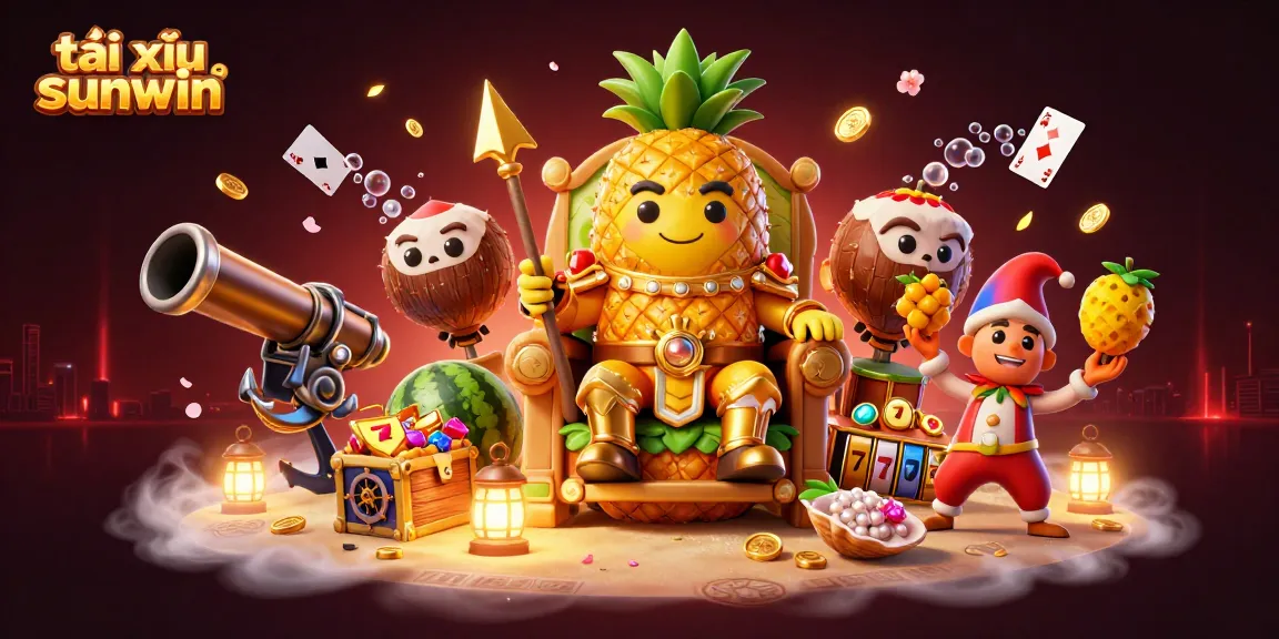 Tài xỉu sunwin offers a vibrant casino scene featuring a pineapple king, gold coins, slot reels, and playful characters.