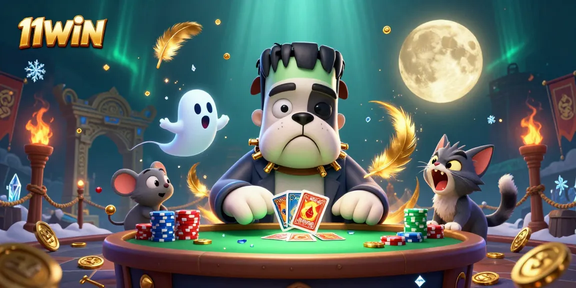 11WIN's 3D casino scene features a cartoon bulldog dealing cards, with gambling elements and vibrant effects.